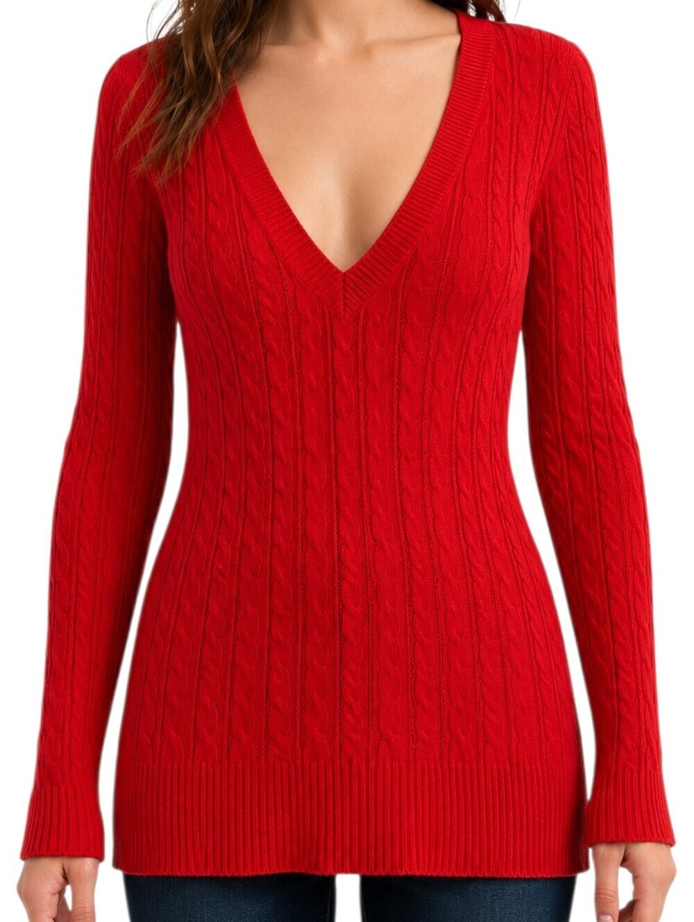 American Eagle Cable Knit Sweater Women Large Red Deep V Neck Fitted Y2K